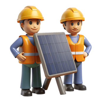 Cartoon construction workers in safety gear with a solar panel, focusing on renewable energy and sustainable technology. png