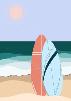 Two sup boards coral pink and navy blue colors, sunny beach, surfing, active sport sea shore, sand, ocean waves, sea foam, turquoise water, vacation holiday print, Hawaii, tropical, hot weather vector