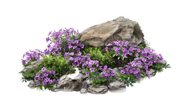 Rock garden with purple flowers isolated on a transparent background png