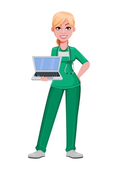 Beautiful woman doctor holding laptop vector