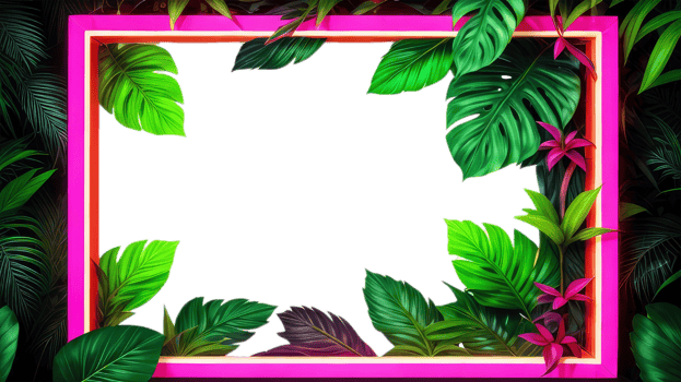 Pink neon frame encasing dense arrangement of lush green leaves on transparent background.Generated Image. png
