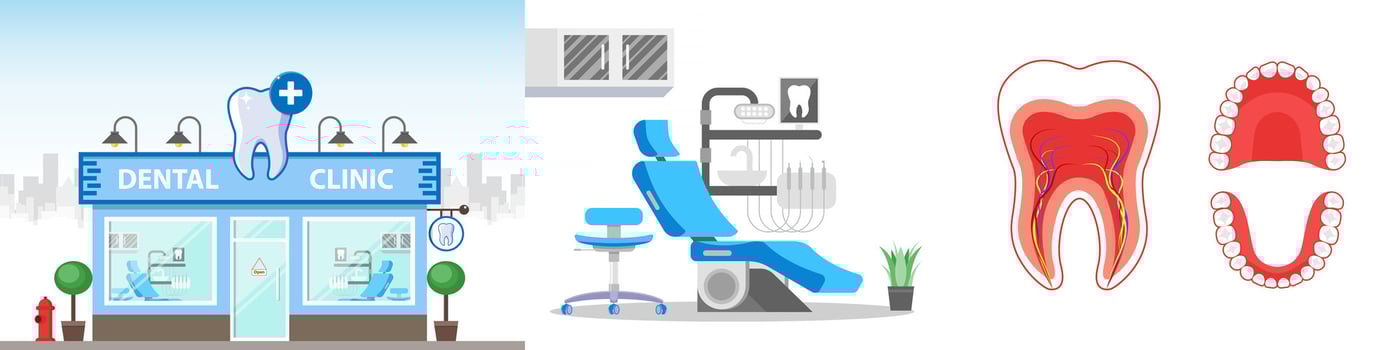 Dentist set including dentist chair tools and dental clinic vector