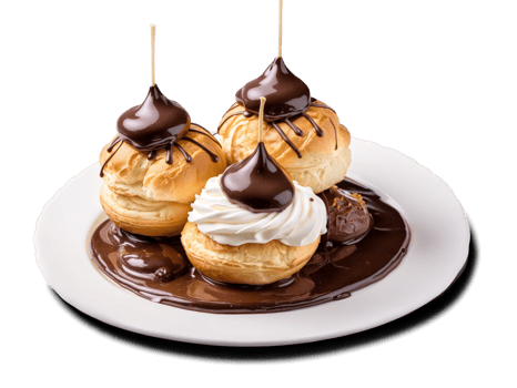 Profiteroles with choux pastry whipped cream and chocolate sauce png