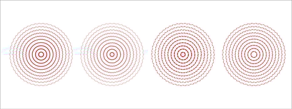 Set of red sound wave rings, of wavy lines, intermittent zigzag lines and dots . Rings with radial lines. Target icon, epicenter. Concentric vortex circles. illustration on transparent background vector