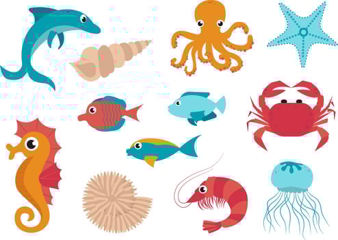 Sea animals set. Cute in cartoon style vector