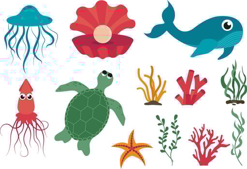 Sea animals and algae set vector