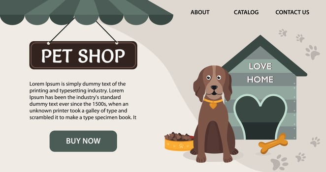 Pet shop sale banner or hedder for website with domestic animals and care accessories. Zoo store discount vector