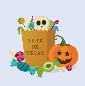 Cartoon Halloween cute bag with candles, pampkin and text Trick or Treat, sweets great for textiles, banners, wallpapers, wrapping - design vector
