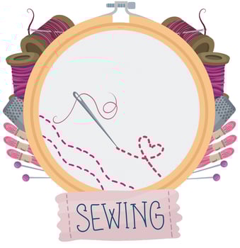 Set of sewing elements. Needle with thread. embroidery ring, hoop in the cartoon style vector