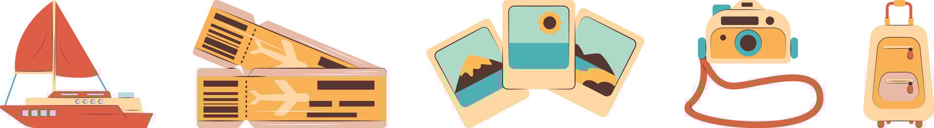 A line of images of travel items, including a boat, a camera, and a suitcase vector