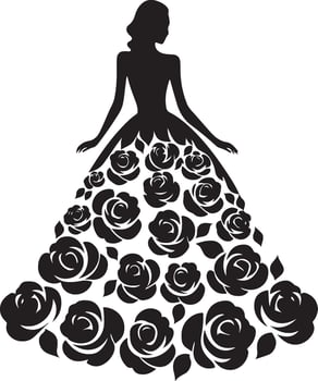 Stylish woman in a rose flower gown silhouette line art set capturing the grace and beauty of fashion illustrations. Perfect for decorative and formal design projects vector