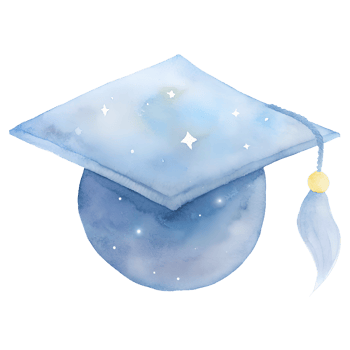 Watercolor graduation cap illustration with stars, symbolizing achievement and education success. Perfect for academic and celebration themes. png