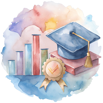 Colorful illustration of education success with a graduation cap, books, charts, and a badge. png
