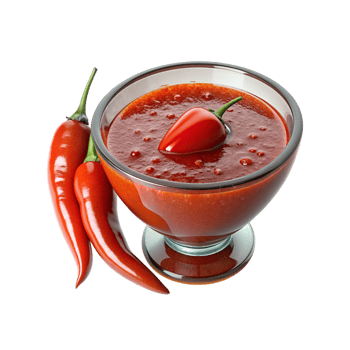 chili sauce in a glass bowl with two red peppers png