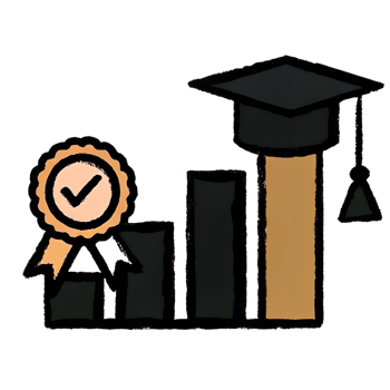 Illustration of academic growth with a graduation cap atop a bar graph and a certificate, representing achievement and progress. png