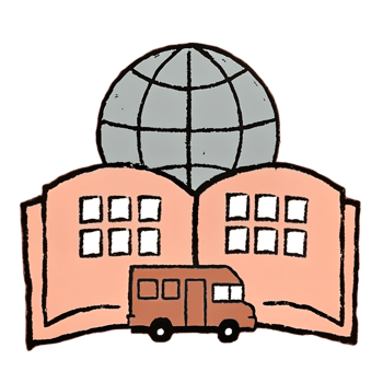 Illustration of a book with a globe and a vehicle, representing global education and travel. Ideal for educational, travel, and learning themes. png