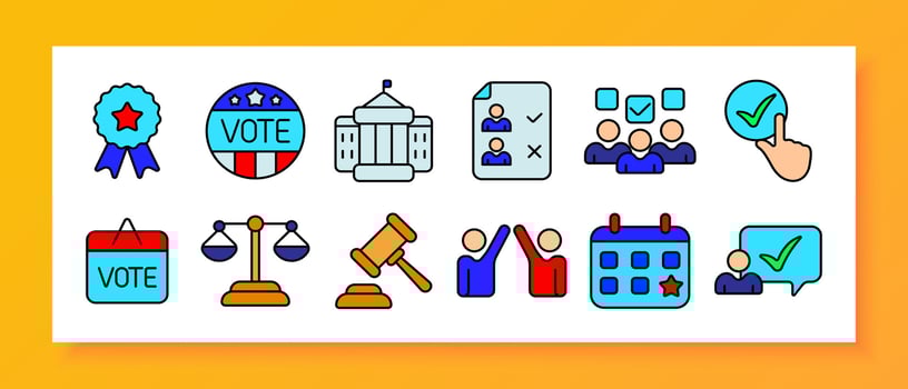 Election icon set. Vote badge, government building, candidate list, voters, checkbox, ballot, scales of justice, gavel, political parties, voting calendar. vector