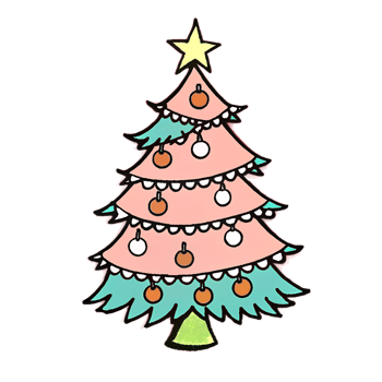 Colorful Christmas tree illustration adorned with ornaments, star on top and lights, perfect for holiday designs and festive decorations. png