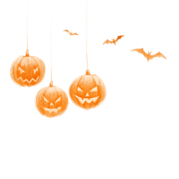 Halloween pumpkins lanterns and bats on white background. Spooky decorations for a festive holiday season. Bright orange and black colors. png