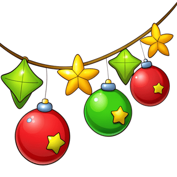 Festive Christmas ornaments hanging on a string. Includes red and green baubles, yellow stars, and green diamond decorations. png