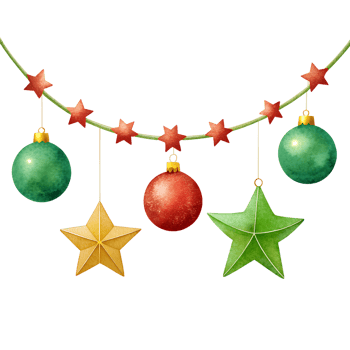 Festive Christmas decorations with colorful stars and round ornaments on a garland, perfect for holiday celebrations and seasonal cheer. png