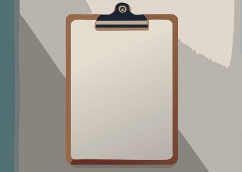 Clipboard with empty paper sheet on gray background. Mockup background illustration vector
