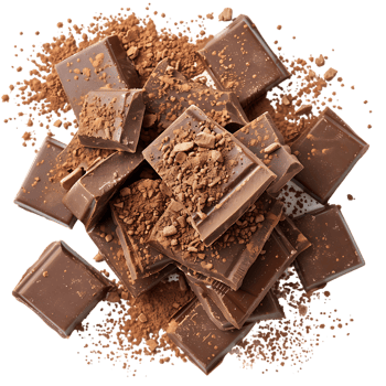 Chocolate bar pieces with cocoa powder isolated on transparent background png