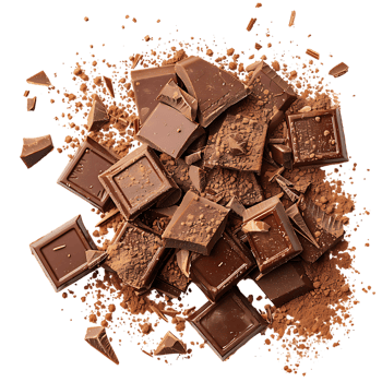 Chocolate bar pieces with cocoa powder isolated on transparent background png