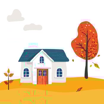 Cartoon Village House with a tiled roof. Folk red leaves on a tree. Postcard and poster. For children print textiles vector
