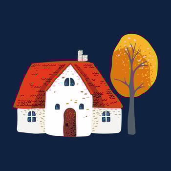 Cartoon village house with red folk roof, yellow leaves on the tree. vector