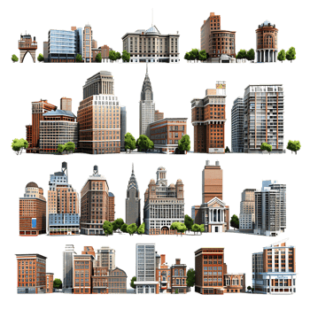 3D set of city buildings isolated on a transparent background png