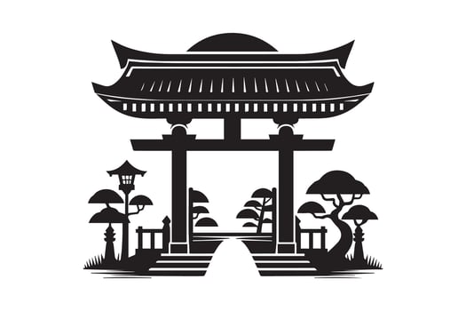 Japanese gate with trees and pagoda vector