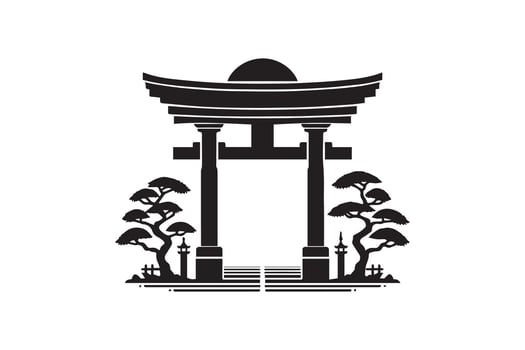 Japanese gate with trees and pagoda vector