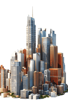 The skyline of a bustling city depicted in a striking 3D style emerges prominently png