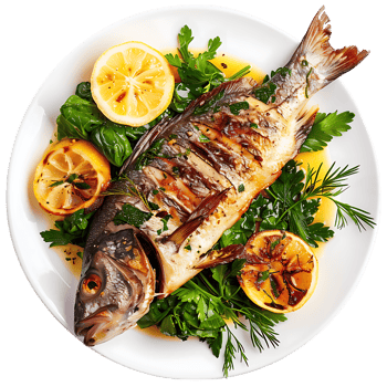 Fish roasted with greens on the plate png