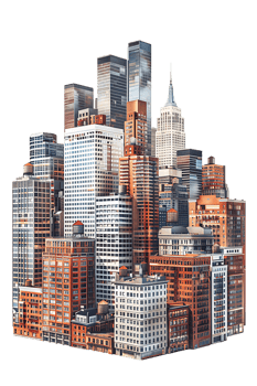 The skyline of a bustling city depicted in a striking 3D style emerges prominently png