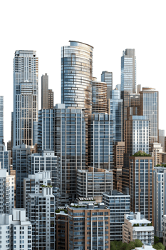 The skyline of a bustling city depicted in a striking 3D style emerges prominently png