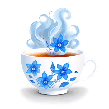 A cup of tea with blue flowers and smoke png