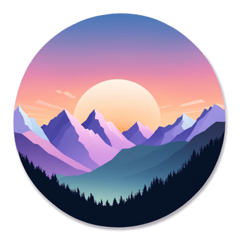 A circular icon with mountains and sun png