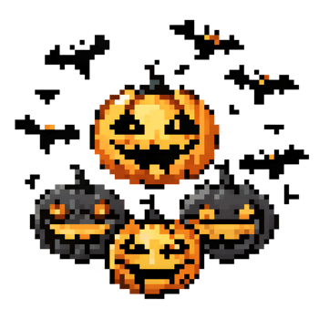 Pixel art of Halloween pumpkins with spooky smiling faces surrounded by flying bats, a perfect Halloween-themed illustration. png