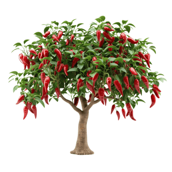 A healthy red chili pepper tree laden with bright red peppers, isolated on a transparent background png