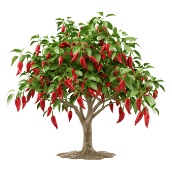 A healthy red chili pepper tree laden with bright red peppers, isolated on a transparent background png