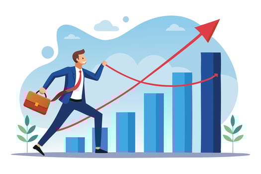 Ambitious businessman pulling performance graph upward, symbolizing sales growth and investment profit vector