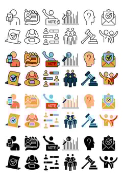 Voting icon. Candidate, voting, speech, poll, debate, ID card, ballot, checkmark, crowd, vote, campaign, election, politics, registration, booth, voter turnout, democracy, political rally, government vector