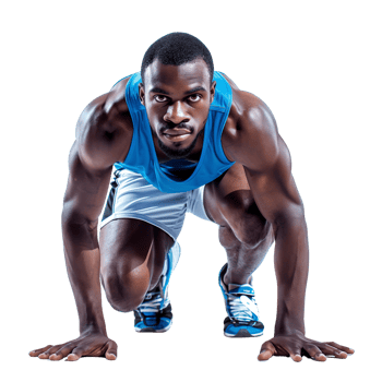 A joyful sprinter crouched in a starting position, ready to race, isolated on a transparent background png
