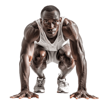 A joyful sprinter crouched in a starting position, ready to race, isolated on a transparent background png