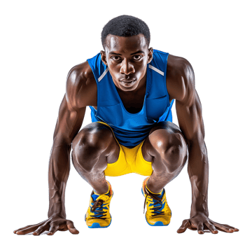 A joyful sprinter crouched in a starting position, ready to race, isolated on a transparent background png