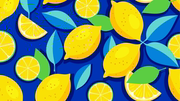 Cute bright lemon pattern background in yellow and blue tones. Slice of tropical fruits, fresh green leaves, yellow lemons on a blue background. Spring, summer conceptual background. vector