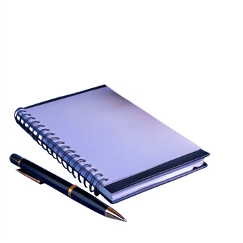 A spiral notebook and pen on a reflective surface, ideal for writing, journaling, and note-taking in a professional or academic setting. png