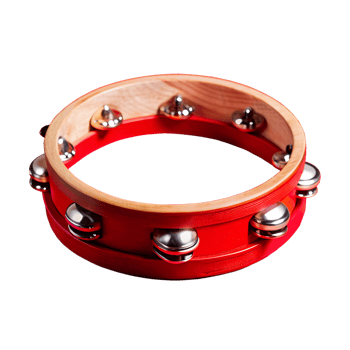 A brightly colored tambourine with metallic jingles against a white background. Perfect for music and performance themes. png